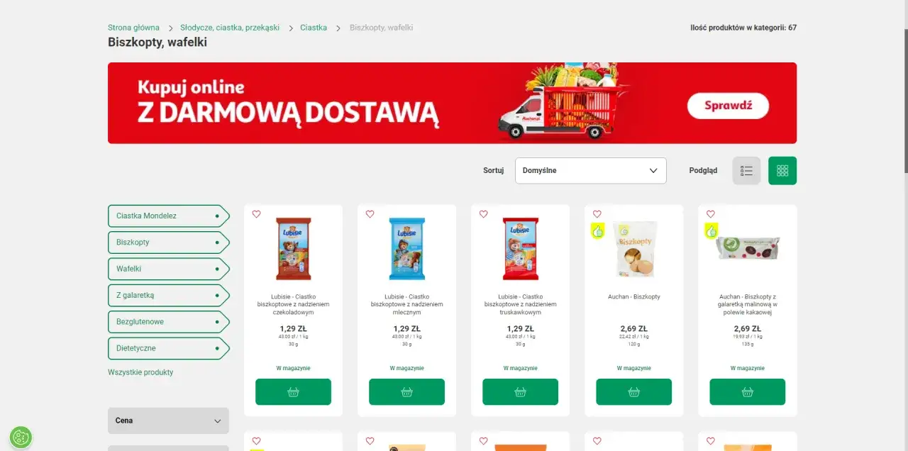 Strona z biszkoptami i wafelkami Auchan. Możesz tu znaleźć wiele pysznych produktów, a z **auchan kupon rabatowy 20 zł** kupisz je jeszcze taniej!
