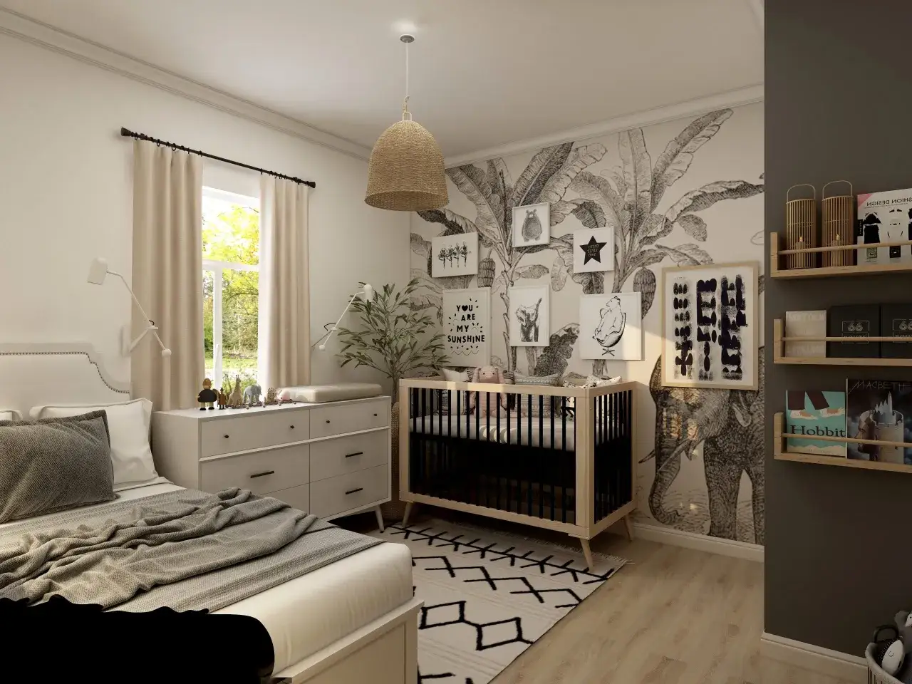 Przytulny pokój noworodka z łóżeczkiem, komodą i tapetą w liście. Na ścianie wiszą urocze obrazki, a obok łóżka stoi lampka.