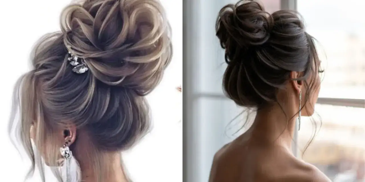 Deux coiffures élégantes : un chignon haut flou orné d'une broche scintillante et un autre chignon haut flou, plus naturel, avec des mèches retombant sur la nuque.