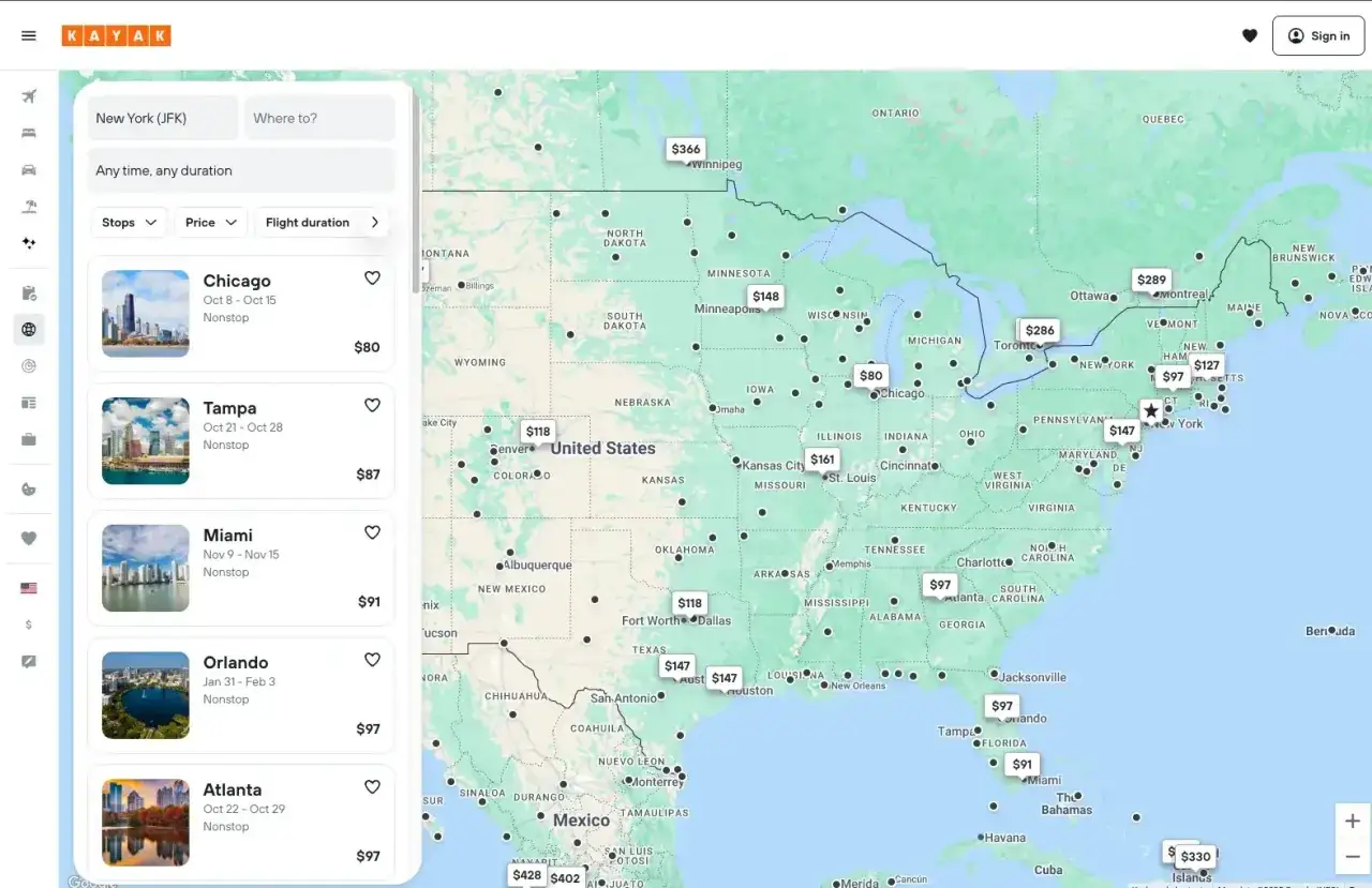 Tanie podróżowanie z Nowego Jorku do Chicago za 80 USD. Mapa pokazuje tanie loty po USA.