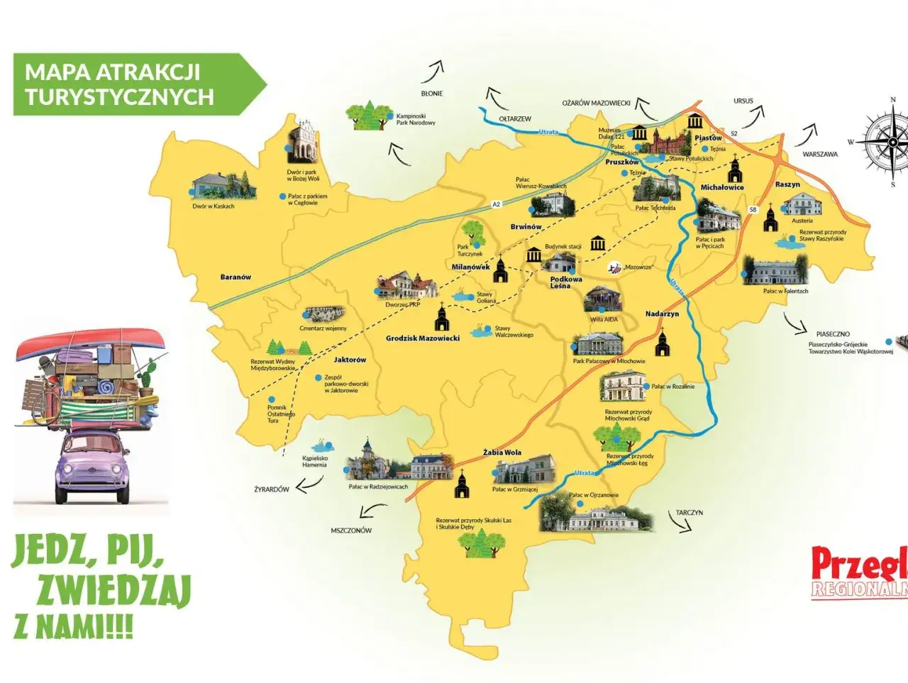 Mapa atrakcji turystycznych Mazowsza. Wpr tablice pokazują pałace, dwory, rezerwaty i inne ciekawe miejsca.