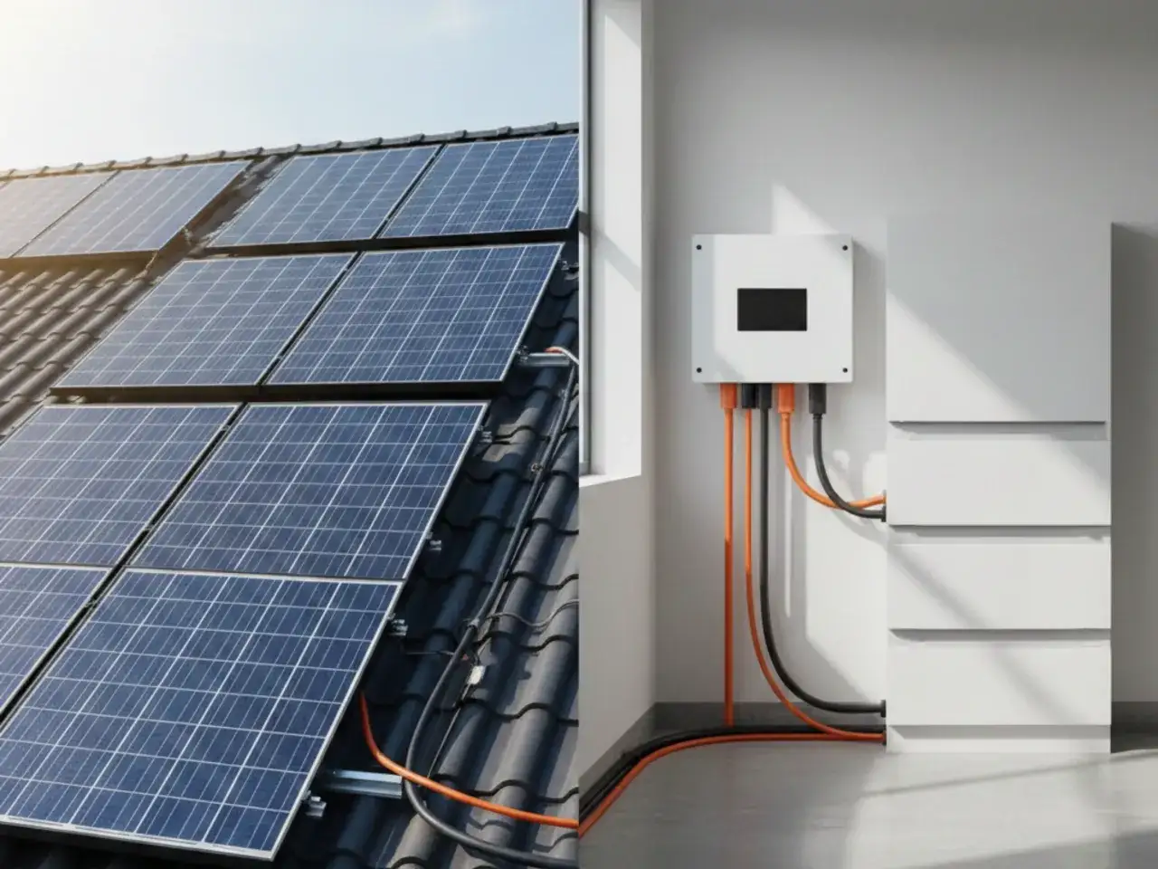 Paneles solares en un tejado y un inversor Fronius GEN24 blanco con cables naranjas y negros conectados a una bater&iacute;a.