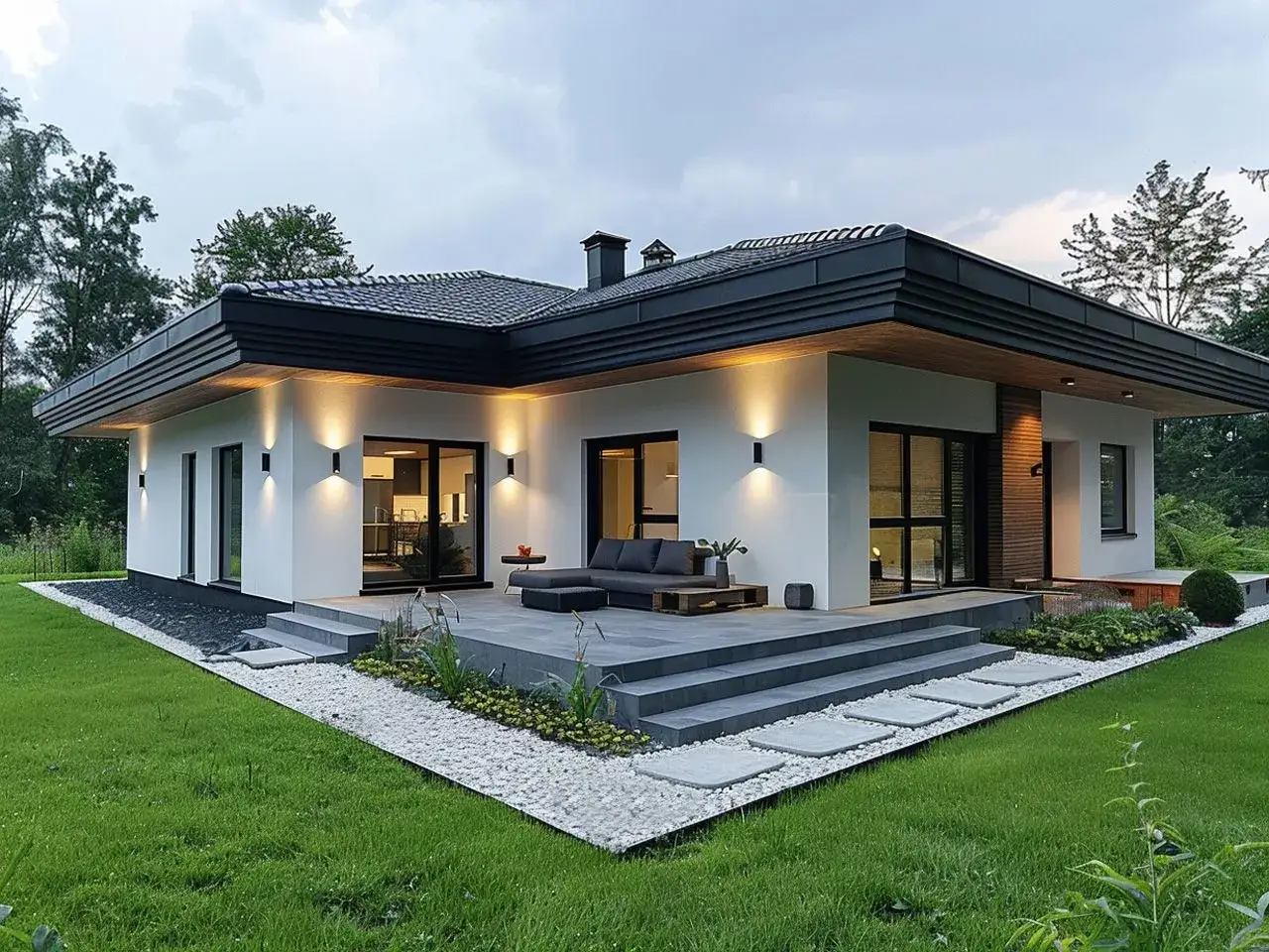 Nowoczesny dom z tarasem i oświetleniem. Zastanawiasz się, **faseta co to**? To element architektoniczny, który widzisz na dachu tego domu.