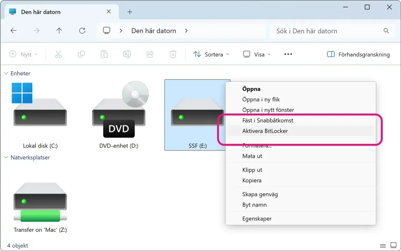 Aktivera BitLocker för att kryptera USB-minne och skydda dina filer.