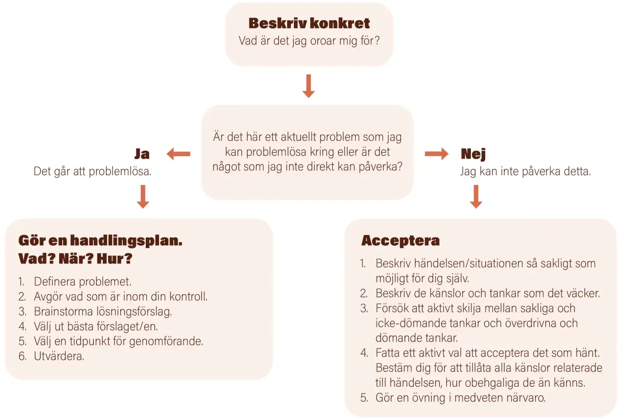 Flödesschema för coping svenska: beskriv oro, avgör om du kan påverka. Om ja, gör handlingsplan. Om nej, acceptera.