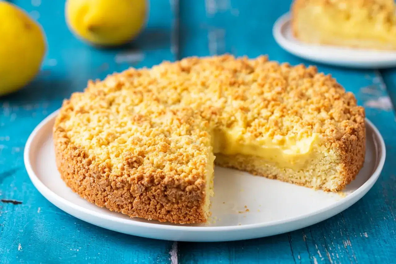 Sbriciolata al limone con ripieno cremoso e croccante copertura dorata, su un piatto bianco, con limoni sullo sfondo.