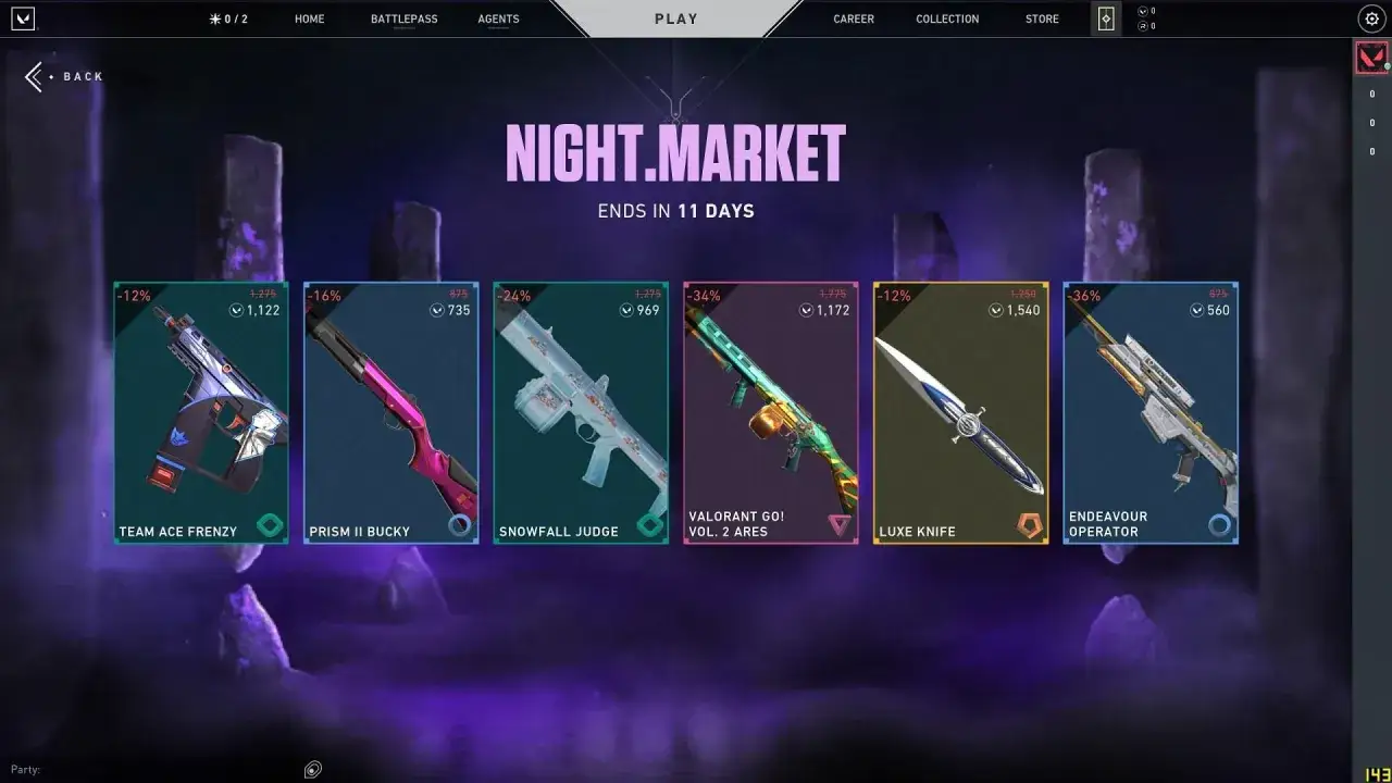 Kiedy night market Valorant, widzisz sk&oacute;rki: Team Ace Frenzy, Prism II Bucky, Snowfall Judge, Valorant Go! Vol. 2 Ares, Luxe Knife i Endeavour Operator.
