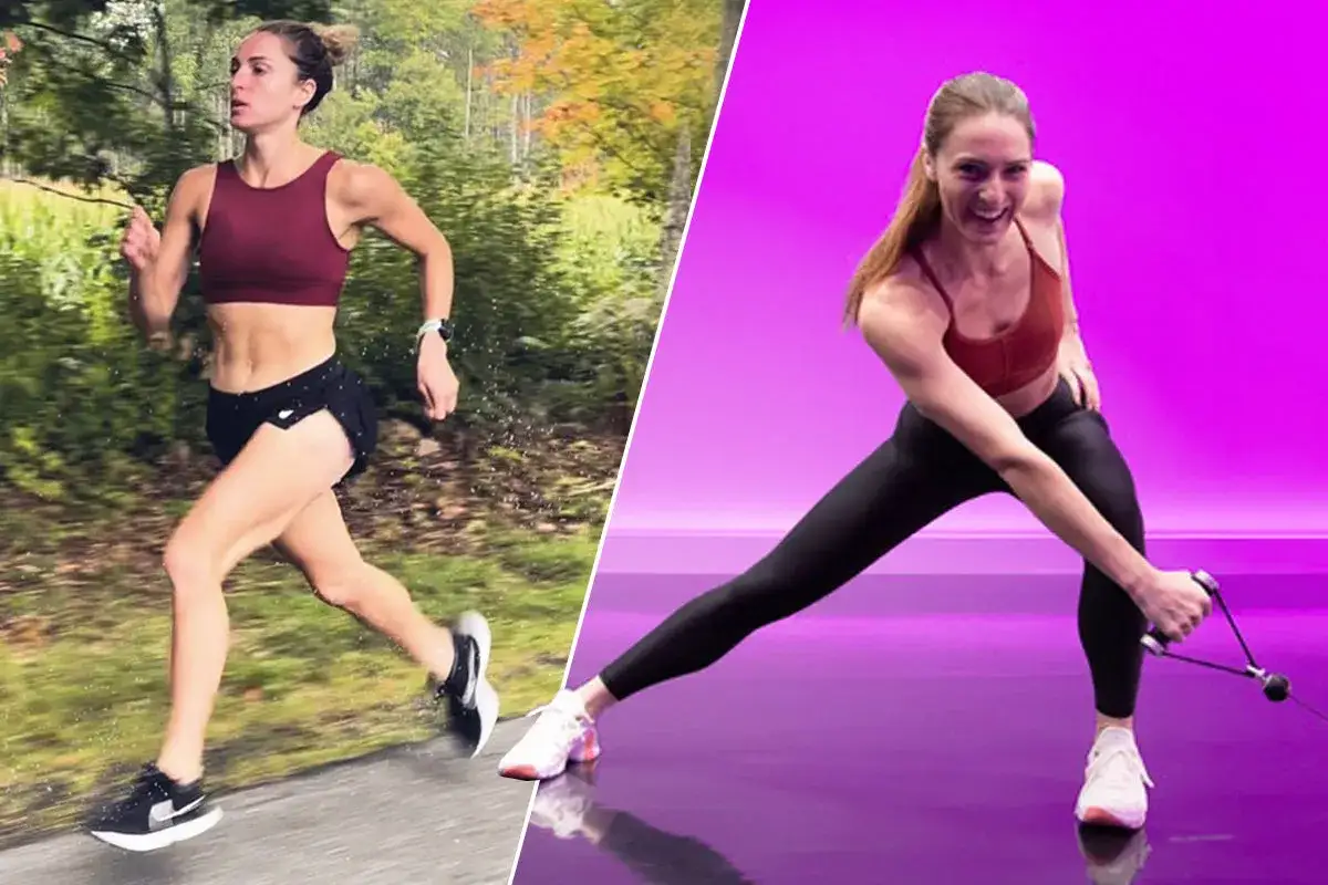 Kvinna springer i skogen, f&ouml;rbereder sig f&ouml;r att springa marathon. I andra bilden tr&auml;nar hon styrka.