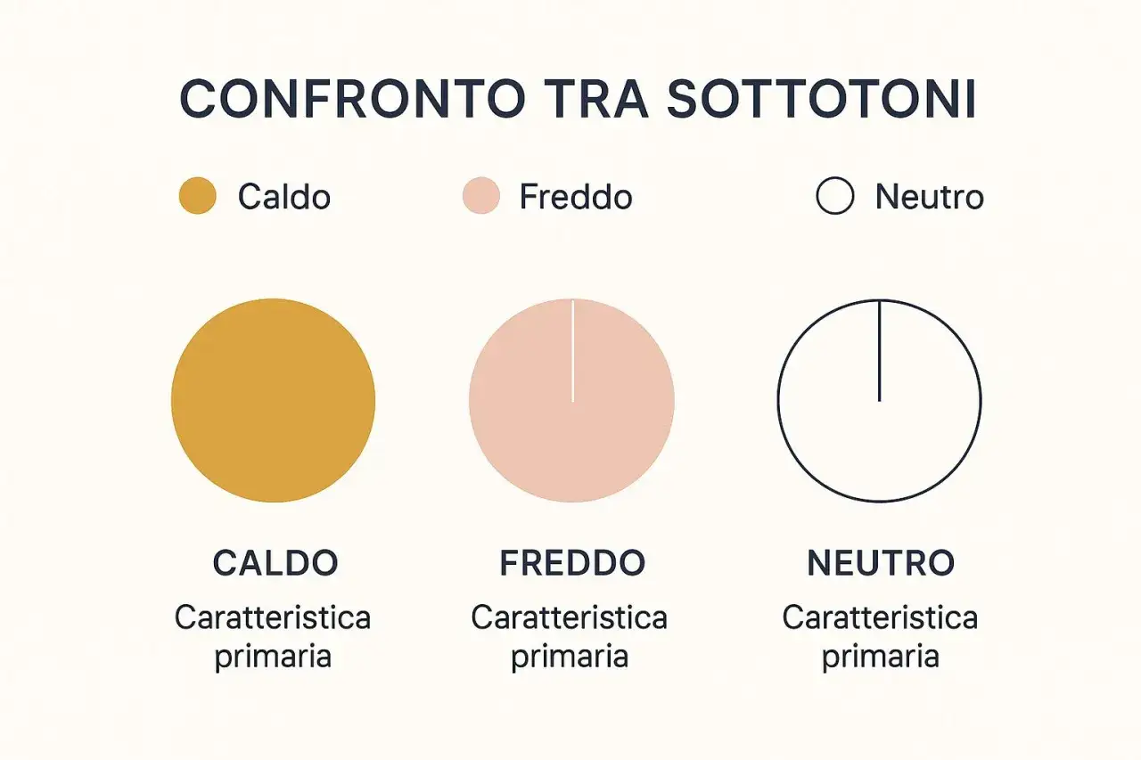 Confronto tra sottotoni: caldo (giallo), freddo (rosa) e neutro (cerchio). Guida per capire il sottotono della pelle.