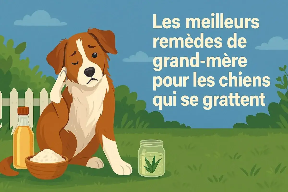 Chien qui se gratte, **probl&egrave;me de peau chien rem&egrave;de naturel** : une bouteille d'huile, un bol de poudre et un bocal d'herbes sugg&egrave;rent des solutions.