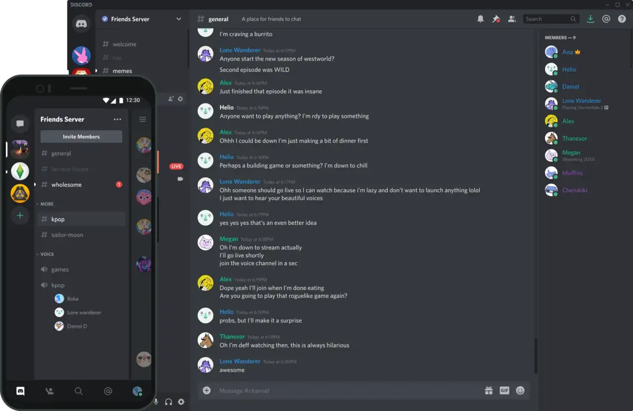 Rozmowa na serwerze Discord o grach i serialach. Użytkownicy planują wspólne granie i oglądanie.