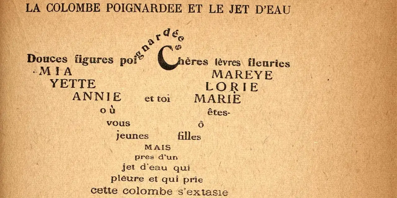 La colombe poignardée et le jet d'eau : des noms de femmes, MIA, YETTE, ANNIE, MAREYE, LORIE, MARIE, entourent un jet d'eau qui pleure.