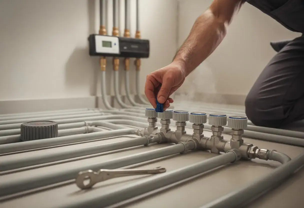 Instalador ajusta válvulas de un sistema de calefacción por suelo radiante. El vapor indica que el proceso de limpieza suelo radiante está en marcha.