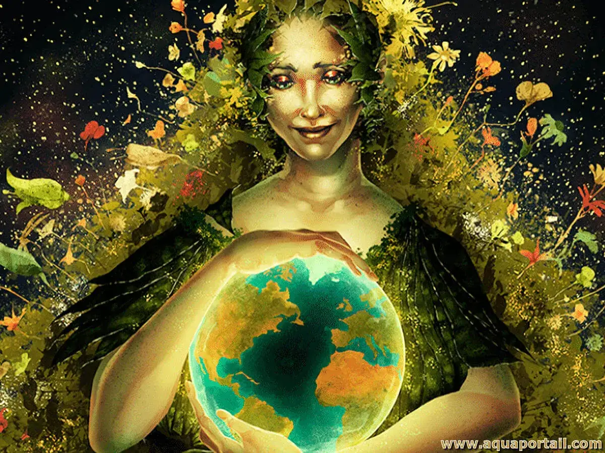 La d&eacute;esse de la terre grecque, Ga&iuml;a, enlace la plan&egrave;te. Son corps est orn&eacute; de feuilles et de fleurs, symbolisant la nature.