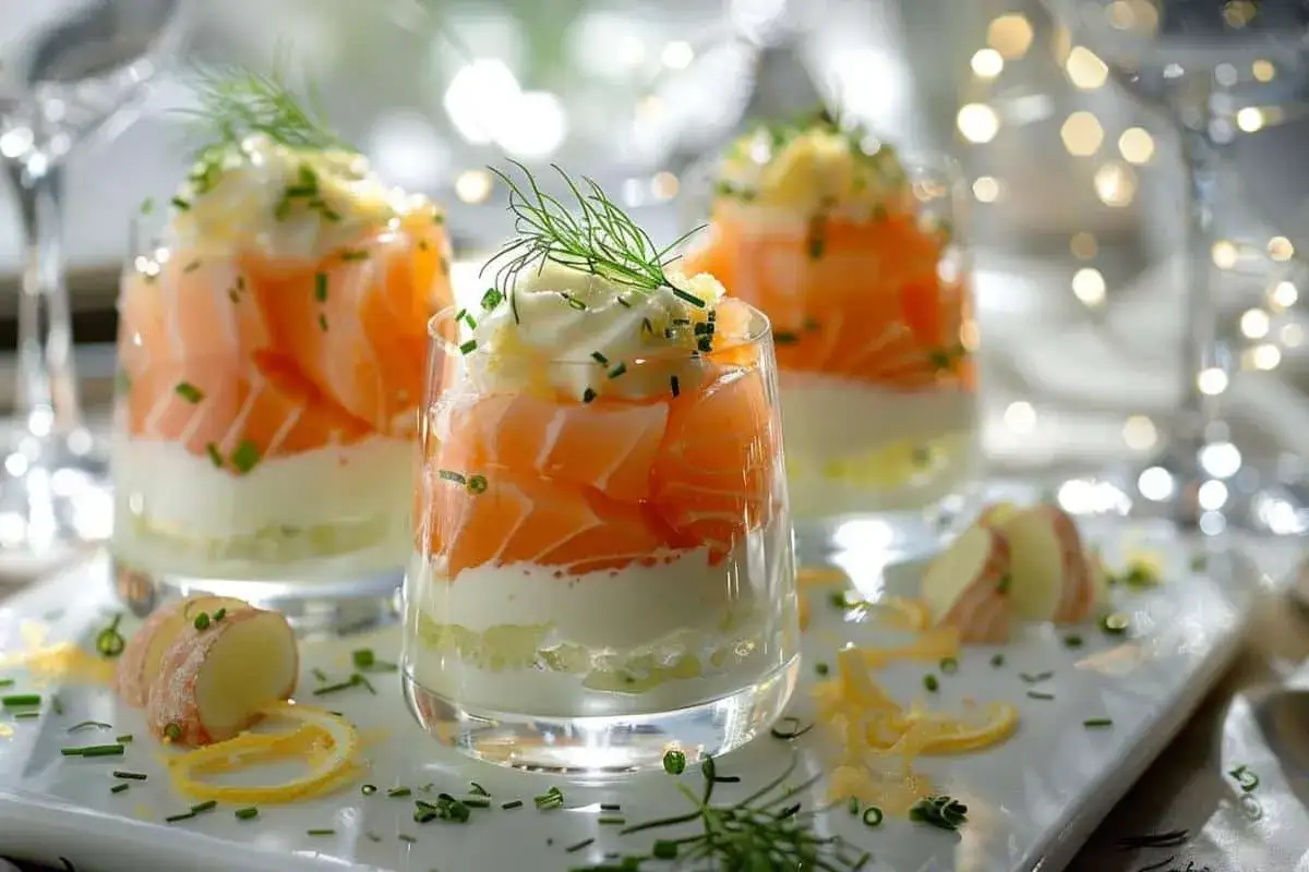 Trois verrines de saumon fumé et crème, garnies d'aneth et ciboulette. Parfaites pour 10 recettes de verrines faciles.