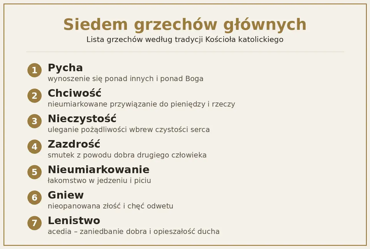 Siedem grzechów głównych: pycha, chciwość, nieczystość, zazdrość, nieumiarkowanie, gniew, lenistwo. To lista, co to jest grzech ciężki według Kościoła.