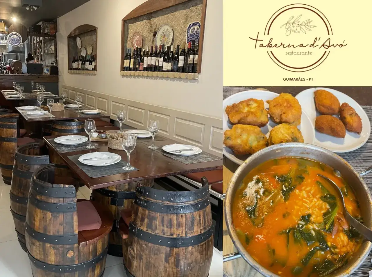 Taberna d'Avó, un lugar acogedor donde comer en Guimarães, ofrece un ambiente rústico con mesas y asientos de barril, y platos deliciosos como sopa y fritos.