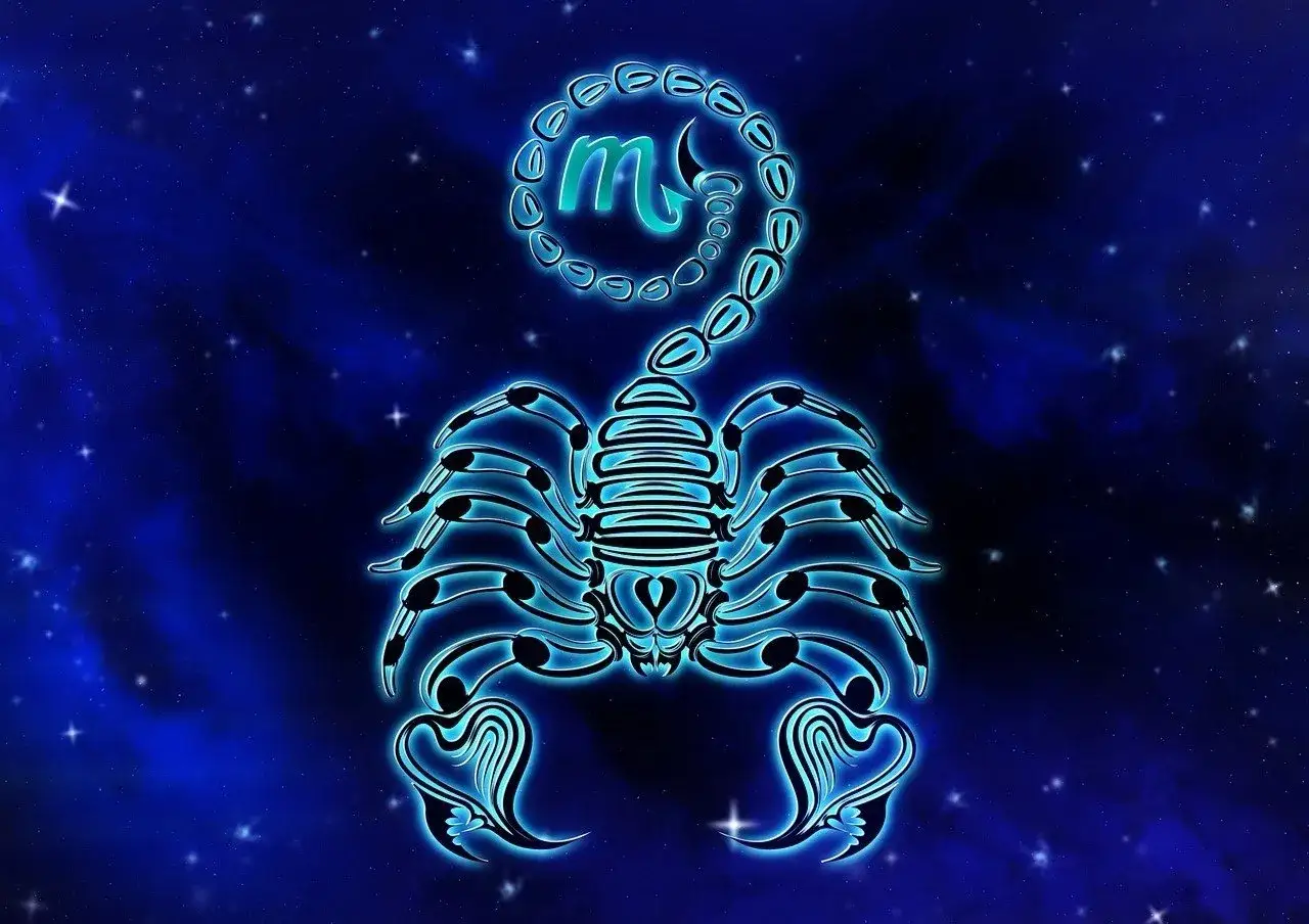 Neonowy skorpion na tle nocnego nieba, symbolizujący skorpion horoskop miesięczny.