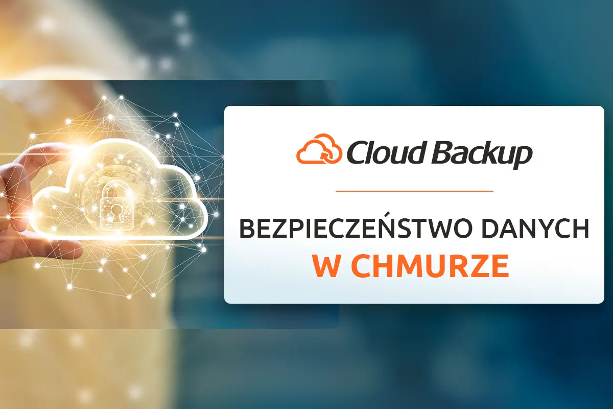 Bezpieczeństwo danych w chmurze. Dłoń trzyma świecącą chmurę z kłódką, symbolizującą ochronę danych.