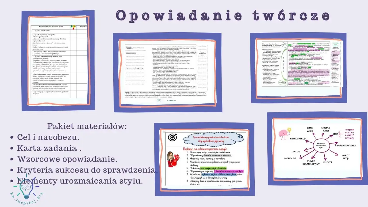 Pakiet materiał&oacute;w do opowiadania tw&oacute;rczego: kryteria sukcesu, wzorcowe opowiadanie, elementy urozmaicania stylu.