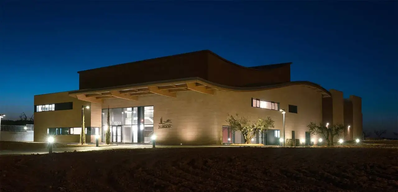 Edificio moderno de las bodegas de Aldeanueva de Ebro, iluminado por la noche, con un dise&ntilde;o arquitect&oacute;nico distintivo y un cielo azul oscuro.