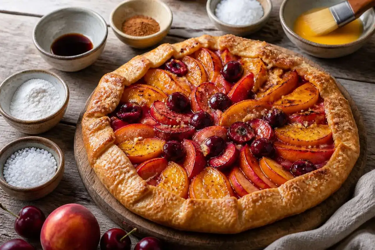 Une délicieuse tarte aux cerises et pêches, garnie de fruits frais et d'une croûte dorée. Des ingrédients pour la pâtisserie sont disposés autour.