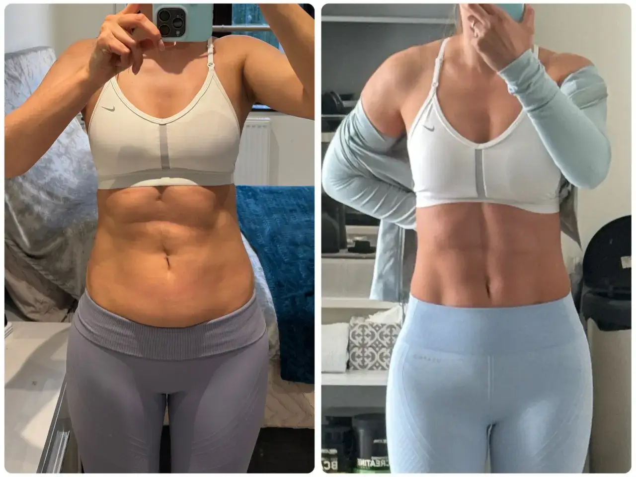 Vorher-nachher-Vergleich einer Frau nach 1 Monat Training. Deutlich definierte Bauchmuskeln und strafferer Körper.