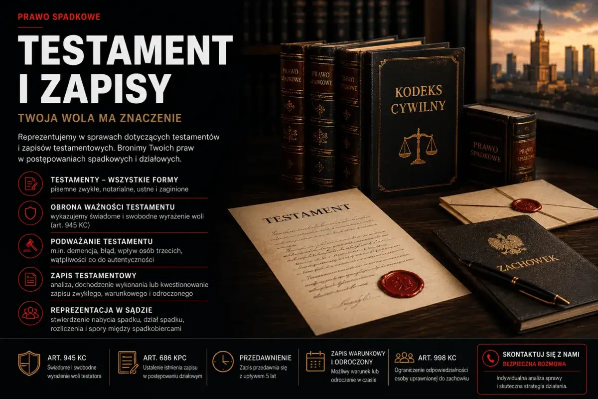 Na stole leży testament, obok księgi prawne i pieczęcie. Dokumenty te dotyczą testamentów i zapisów, kluczowych w sprawach spadkowych.