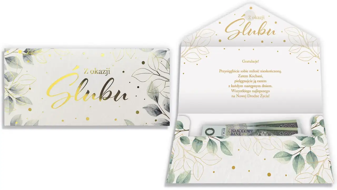Elegancka koperta na prezent ślubny z życzeniami i banknotami. Idealna, by wręczyć ile na prezent ślubny.