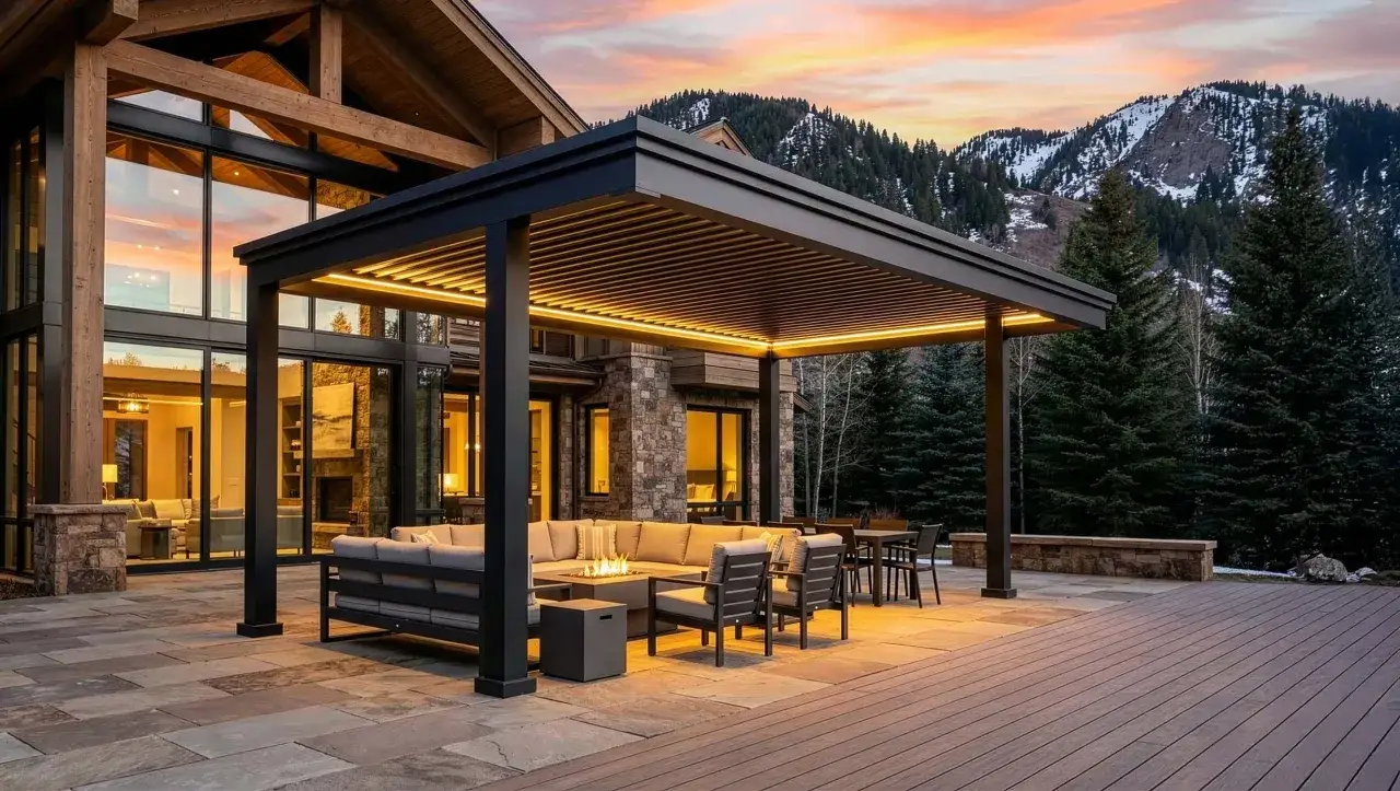 Terraza moderna con muebles de exterior y chimenea, ideal para proteger madera exterior. Montañas nevadas al atardecer.