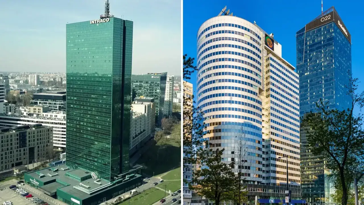 Zielony wieżowiec Intraco i nowoczesne warszawskie wieże Q22 i inne, tworzące panoramę miasta.