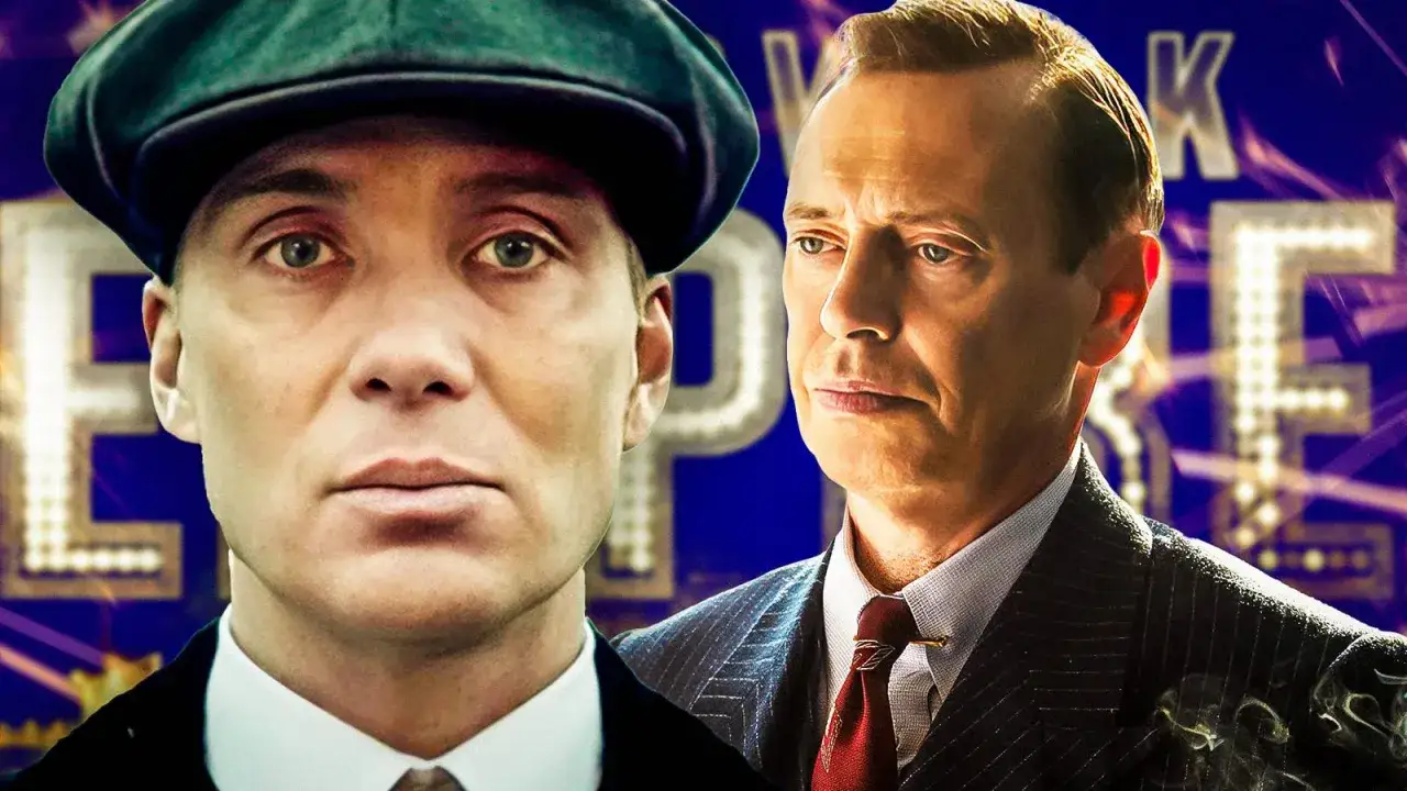 Strefa gangsterów obsada: Cillian Murphy jako Tommy Shelby i Steve Buscemi w tle.