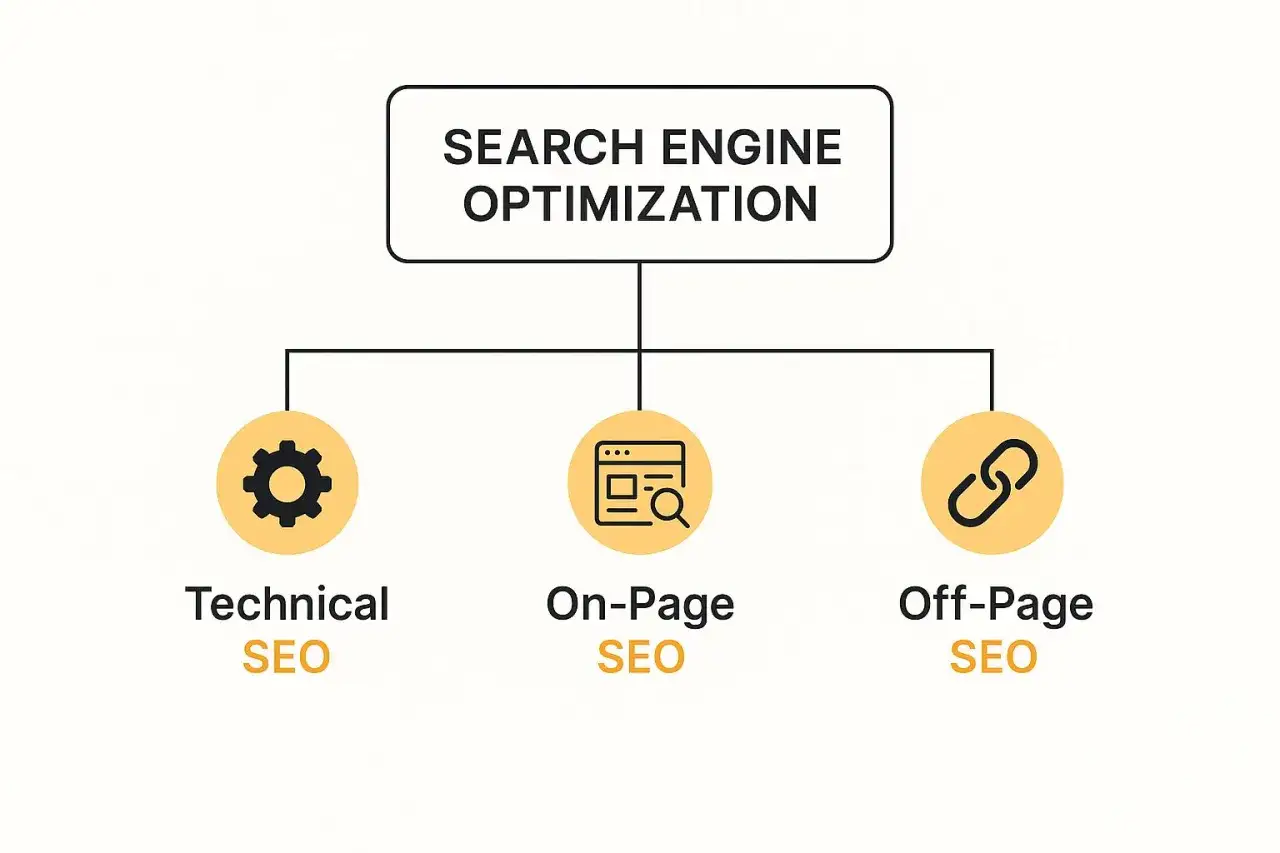 Schemat SEO: techniczne, on-page, off-page. Jak choroba Meniere'a, która wpływa na słuch i równowagę, SEO wpływa na widoczność strony w wyszukiwarkach.