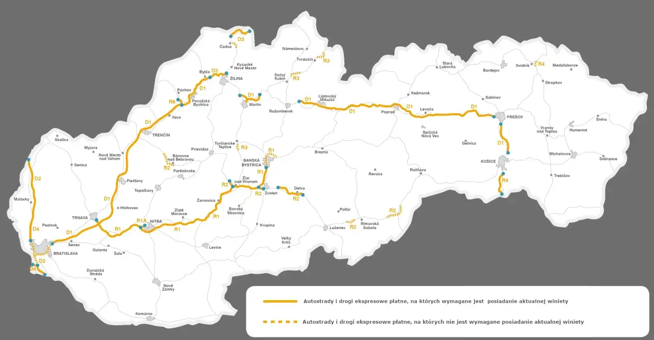 Mapa Słowacji z autostradami i drogami ekspresowymi. Żółte linie oznaczają drogi, na których co trzeba mieć w aucie na Słowacji, czyli winietę.