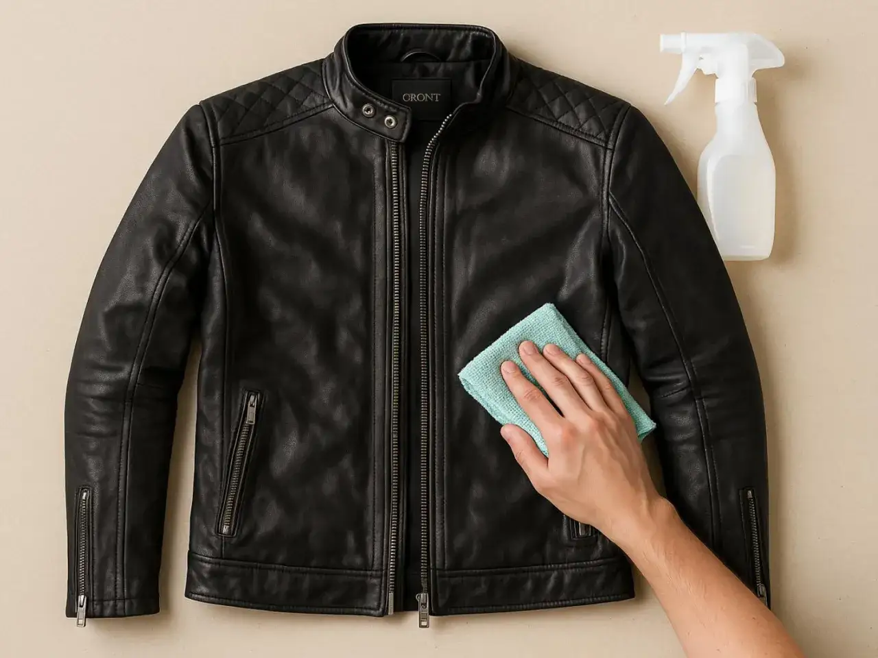 Schwarze Lederjacke reinigen mit einem Tuch und Spr&uuml;hflasche.