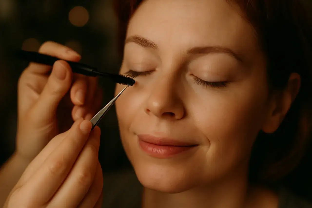 Une main applique du mascara sur des cils courts et peu fournis, transformant un regard discret en une promesse d'intensité.