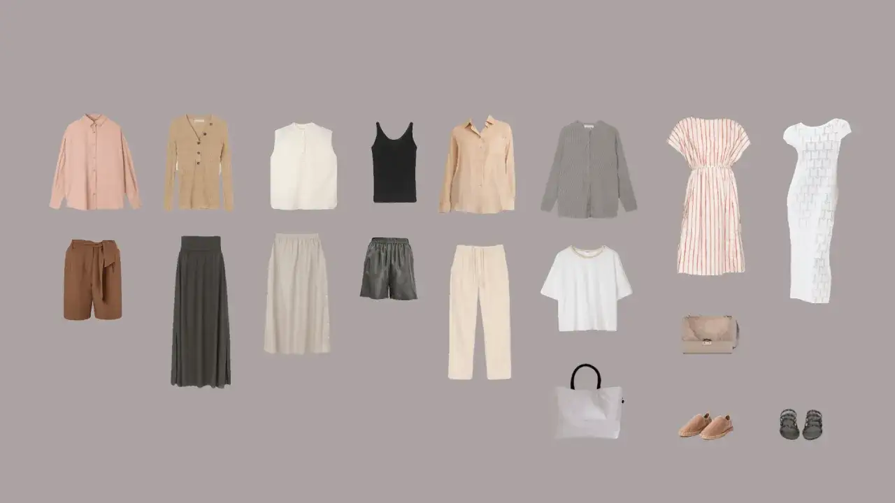 Kolekcja ubrań w stonowanych kolorach, sugerująca styl old money: lniane koszule, spódnice, spodnie, sukienki, kardigany, torebka i buty.