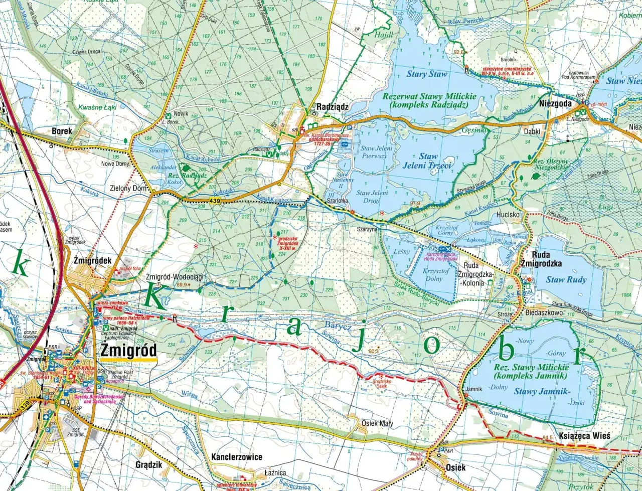 Mapa turystyczna: łowisko wędkarskie i pole namiotowe Zofia i Waldemar Demscy. Widać rzekę, jeziora, lasy, drogi i miejscowości.