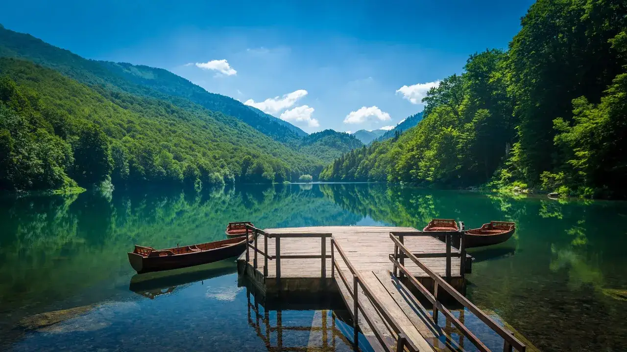 Spokojne jezioro w parku narodowym Biogradska Gora, otoczone bujną zielenią gór. Drewniany pomost z łodziami zaprasza do rejsu.