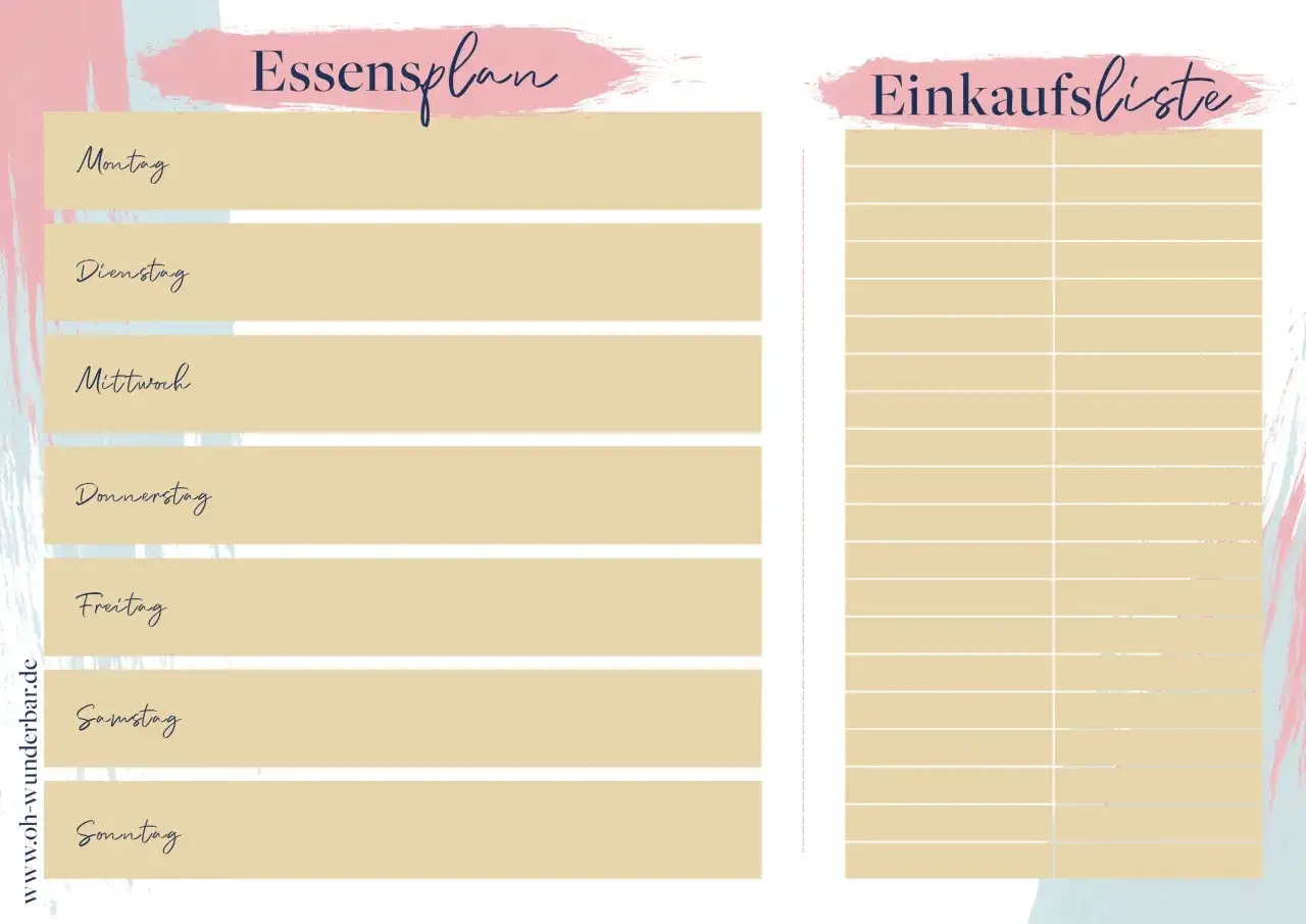 Eine Essensplan Vorlage mit Feldern f&uuml;r jeden Wochentag und einer Einkaufsliste daneben.