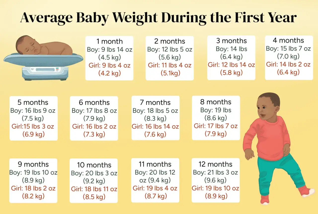 Grafico sul peso medio neonato 5 mesi allattato al seno: 7.5 kg maschio, 6.9 kg femmina.