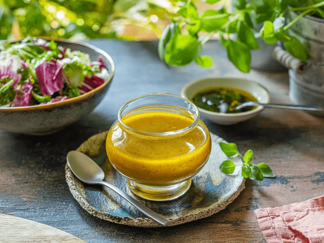 En gyllene dressing till sallad i en glasburk, bredvid en skål med gröna örter och en sallad.
