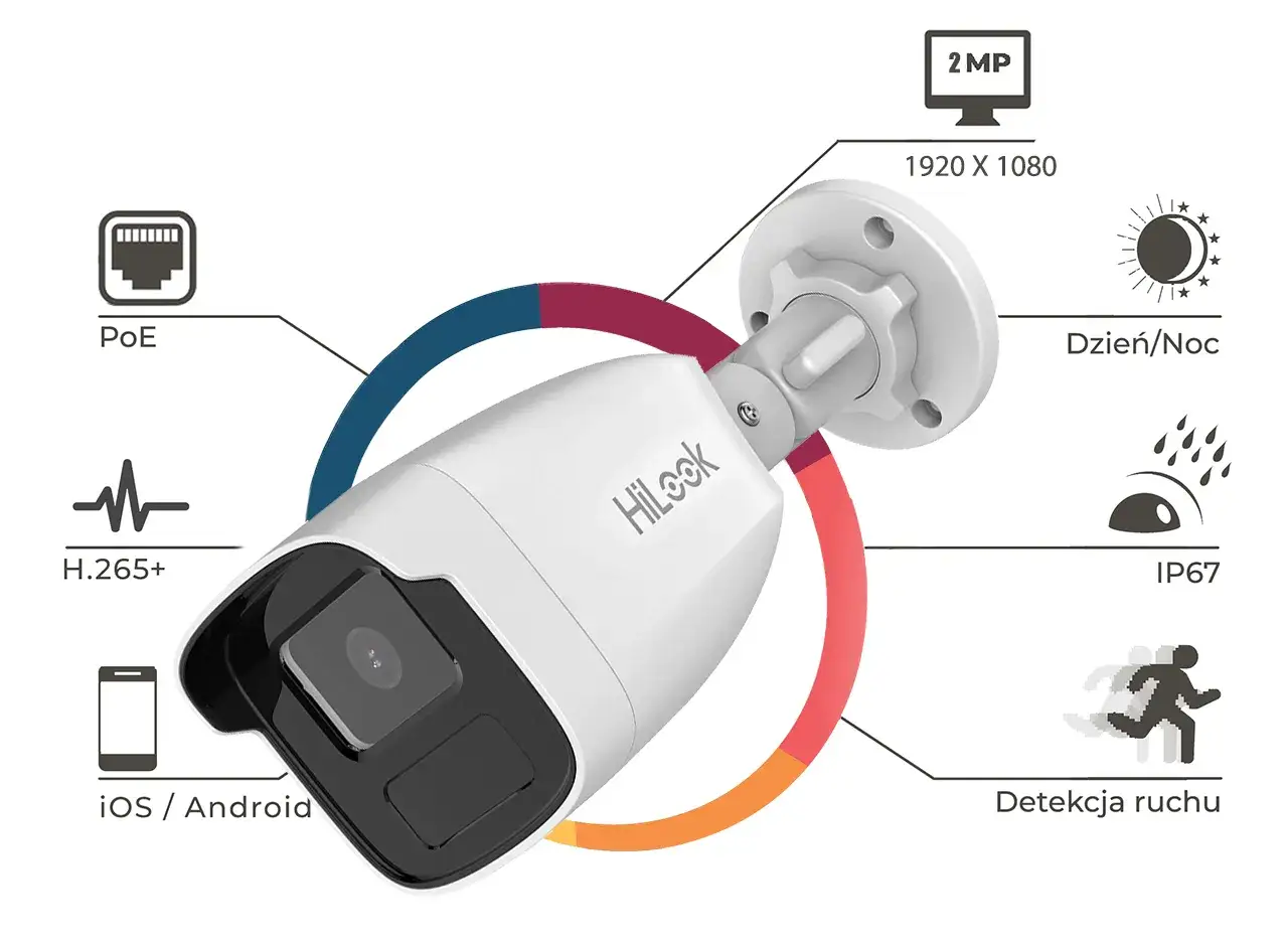 Kamera IP z funkcjami PoE, H.265+, 2MP, Dzień/Noc, IP67 i detekcją ruchu. Steruj nią przez aplikację na iOS/Android.