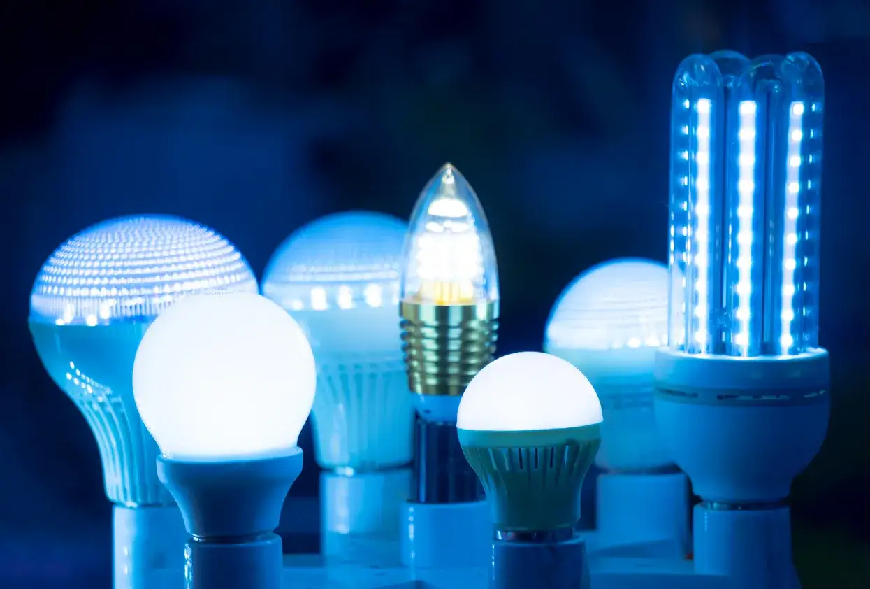 Variedad de bombillas led con distintas formas y características. Algunas emiten luz blanca cálida, otras azulada, mostrando su versatilidad.