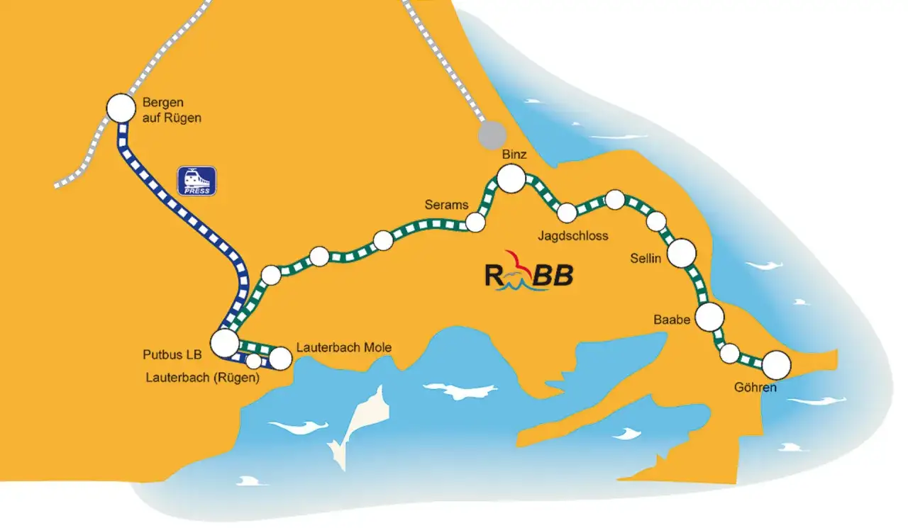 Mapa kolejowa Rügen. Trasa z Polski do Bergen auf Rügen, przez Binz, Sellin, Baabe, Göhren.