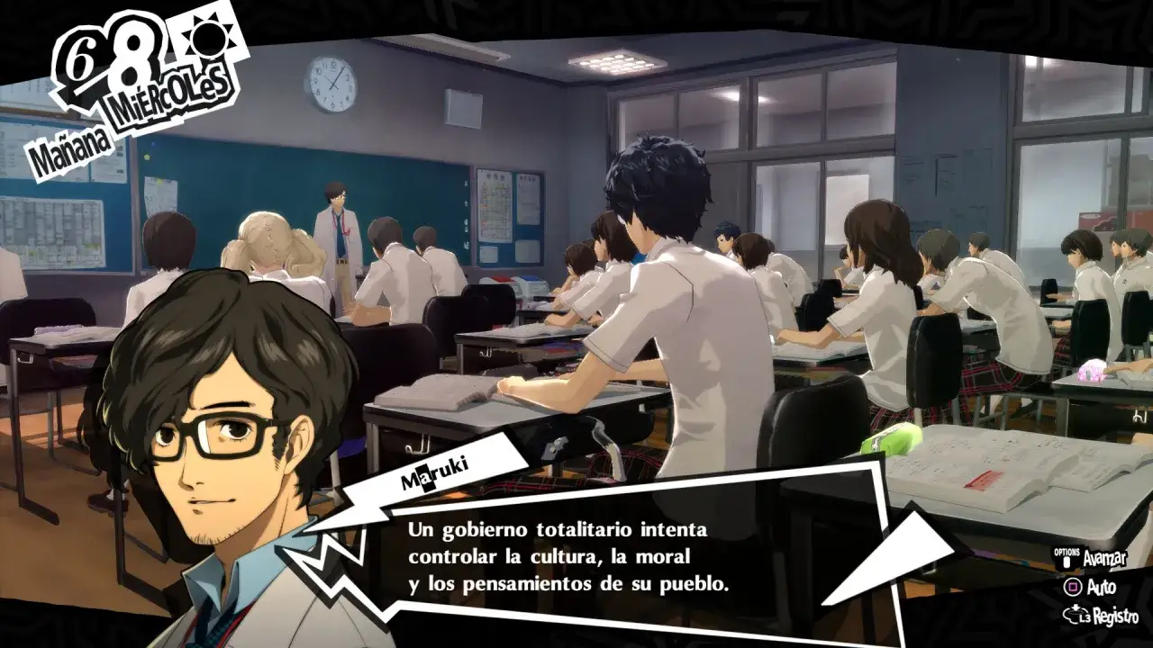 En clase, Maruki habla sobre gobiernos totalitarios. Las preguntas de Persona 5 Royal surgen mientras los estudiantes escuchan atentamente.