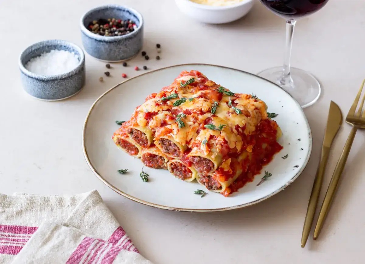 Pyszne cannelloni z mięsem mielonym, zapieczone pod sosem pomidorowym i serem. Idealne na obiad.
