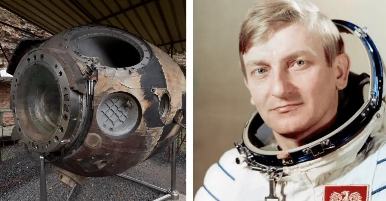 Kapsuła kosmiczna i portret Mirosława Hermaszewskiego, pierwszego Polaka w kosmosie.