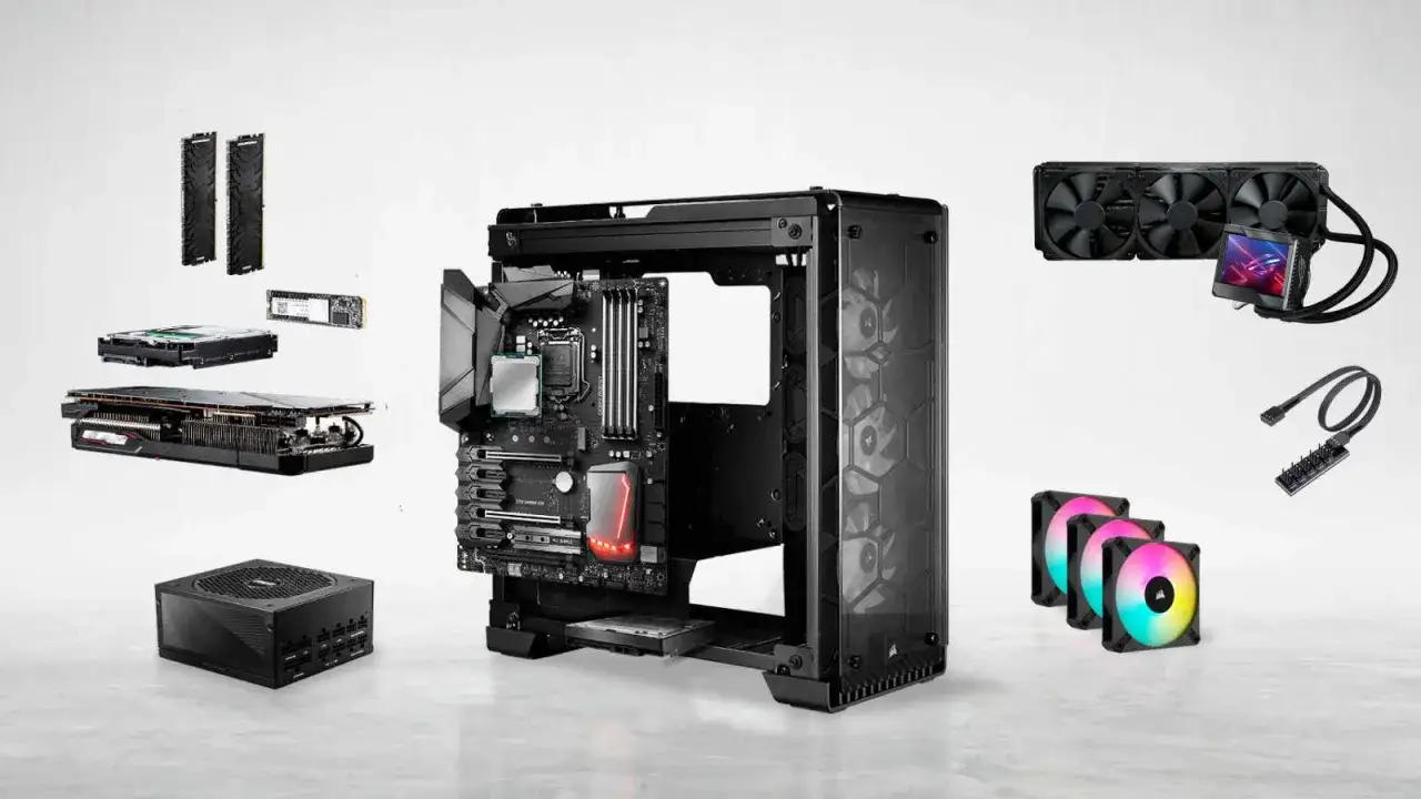 PC-Komponenten für GTA 6 Mindestanforderungen: Mainboard, Grafikkarte, RAM, SSD, Netzteil, Lüfter und Wasserkühlung.