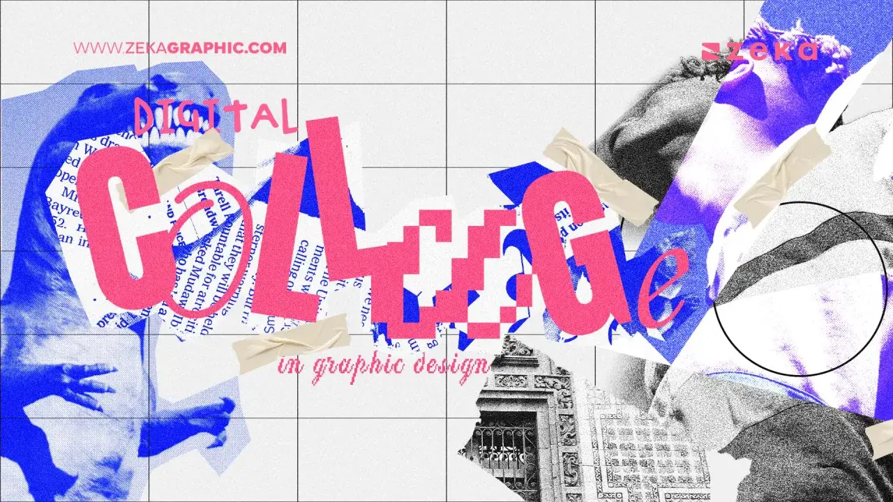 A vibrant collage with pink text
